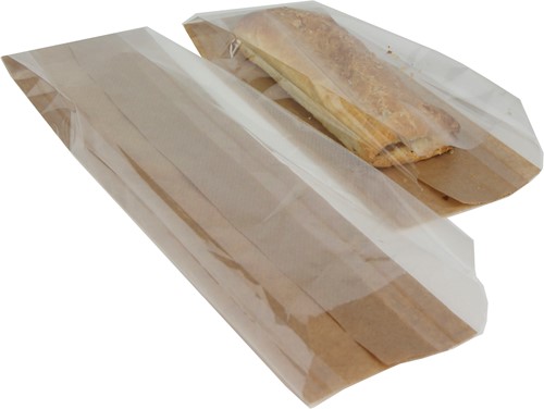 Vensterzak 9,5+2x2x33 cm met voorvenster geperforeerd FSC bruin polykraft